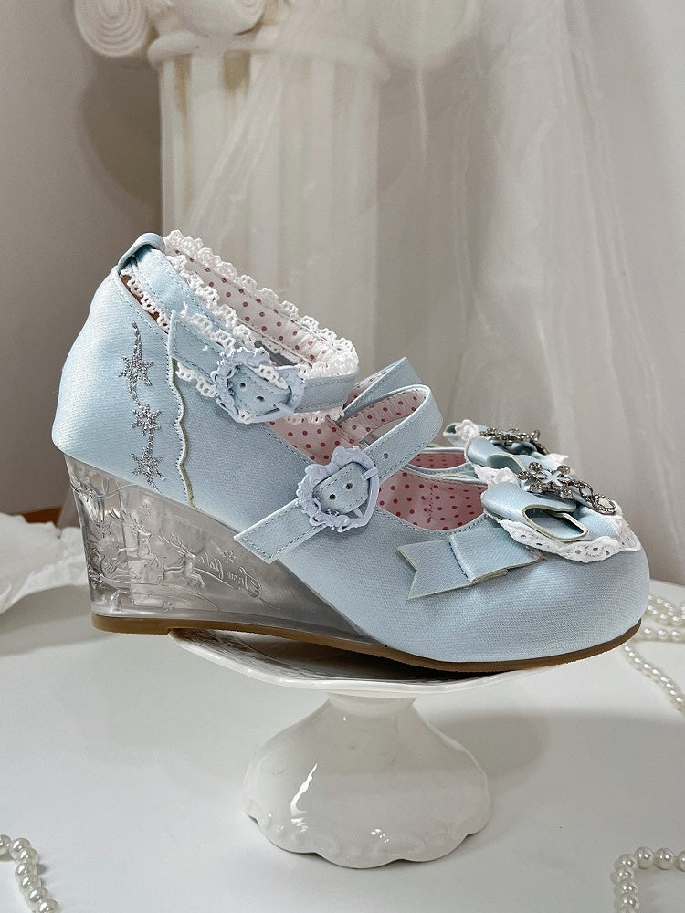 Blue Winter Embossed Transparent Heel Shoes with Heart Buckle - Vintage Sweetheart