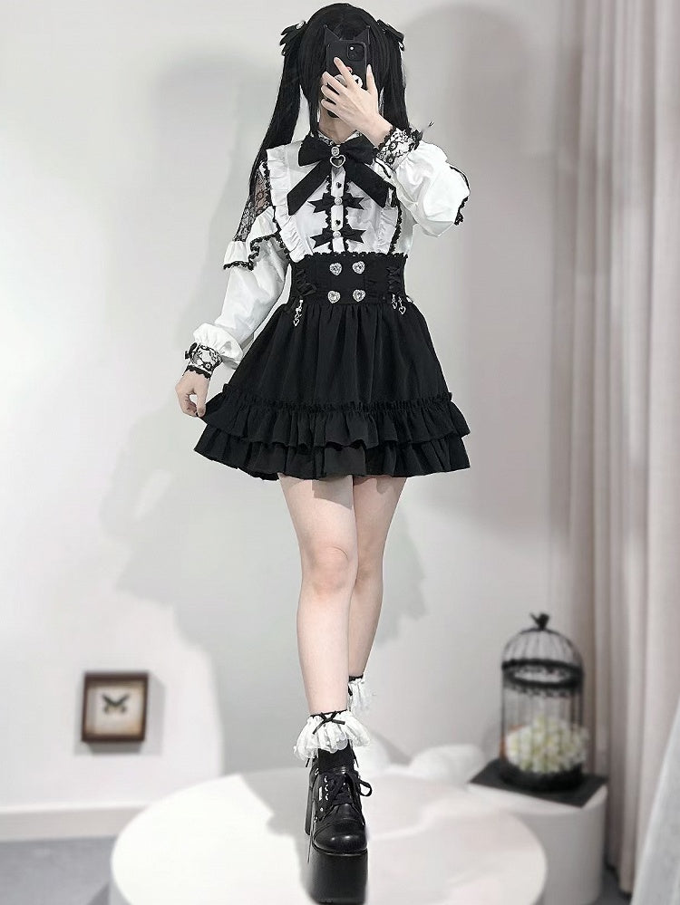 Skirt Decorated Jirai Heart Rhinestone Tiered Lace-up Kei Details Black