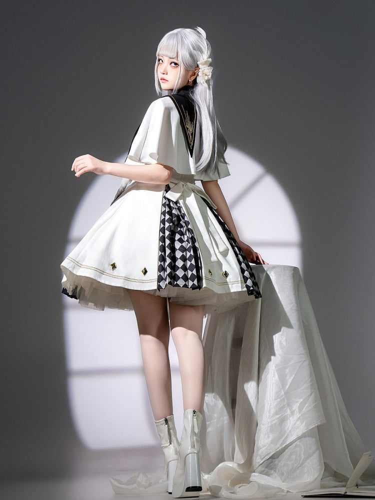 White Checkered Lolita Dress with Self-Tie Belt Detail - Xiong Dou Jiang