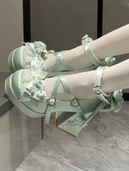Jane Block Motif in Fastener Heart with Blossom Heel Green Bow Satin High Sweet Accents Shoes Cherry Mary Loltia