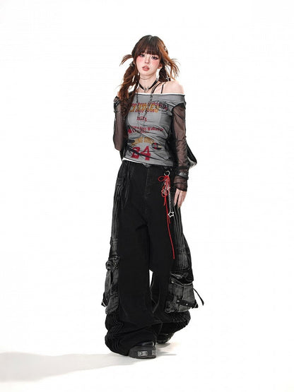 Lockere Jeans mit weitem Bein und Cargotaschen in verblasster Waschung in Schwarz