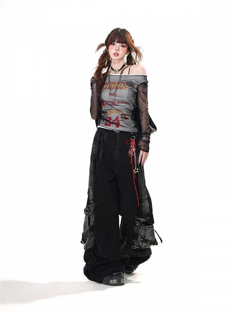 Taschen Schwarze Weite Jeans Faded Wash Cargo Loose Acubi Fashion