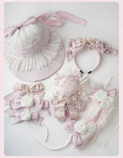 Lolita Pink Floral and Bow Ruffled Lace Trim Hairband