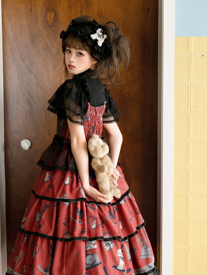 子犬と電話のプリントのティアードスカート ブラックとレッドのスイートロリータジャンパースカート