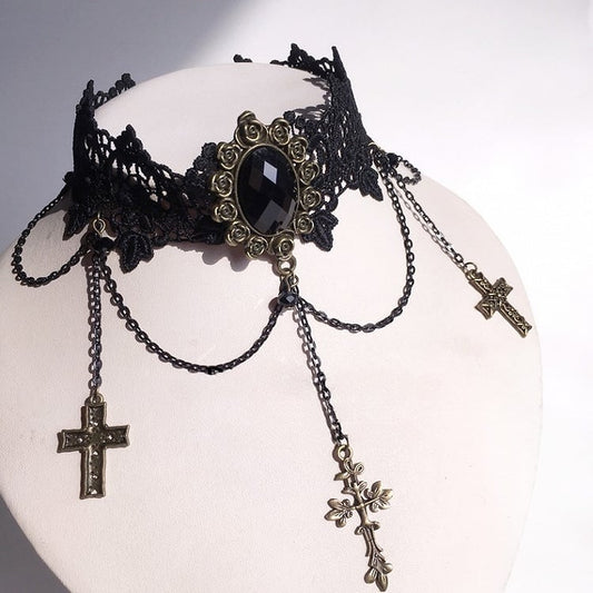 Pendants with Black/White Gothic Antique Lace Cross Choker