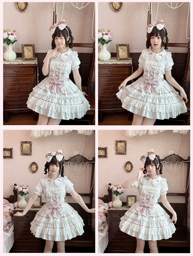 Self-tie and Sweet Decorated Lolita Apron Heart Pink White Bow