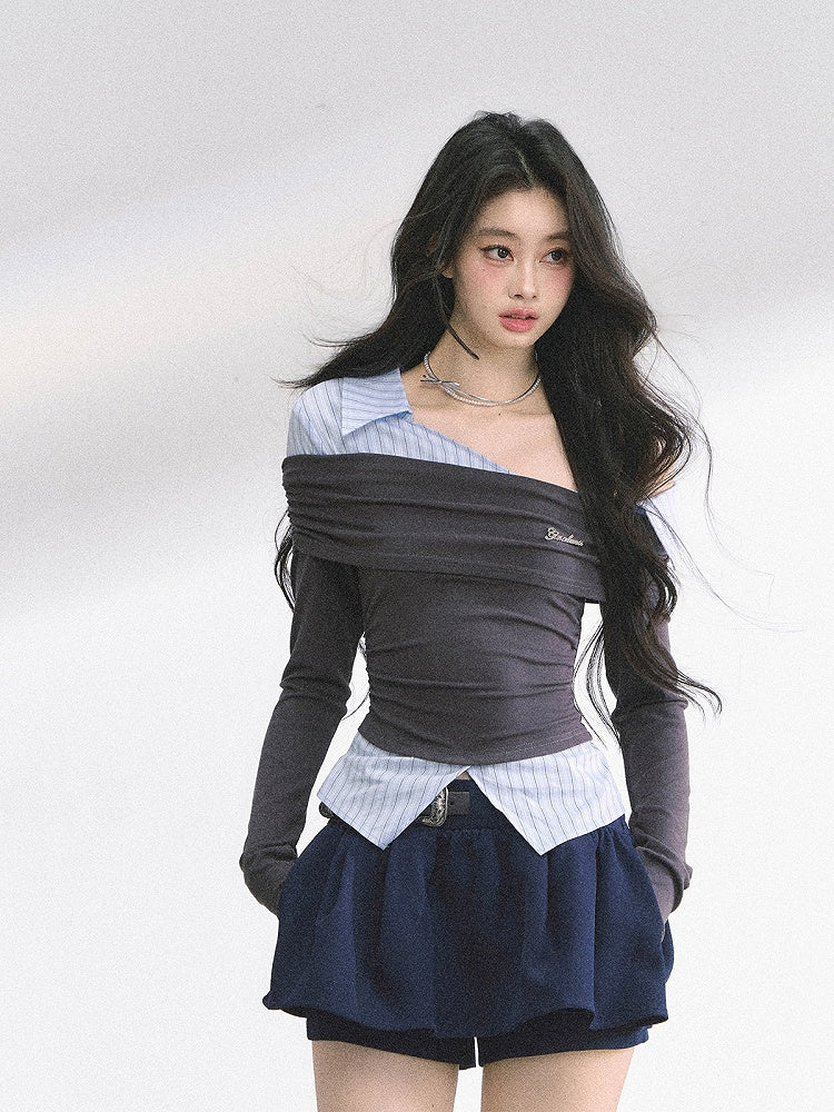 グレーとブルーのストライプ柄のツーピース、アシンメトリーネックラインのフェイクトップス