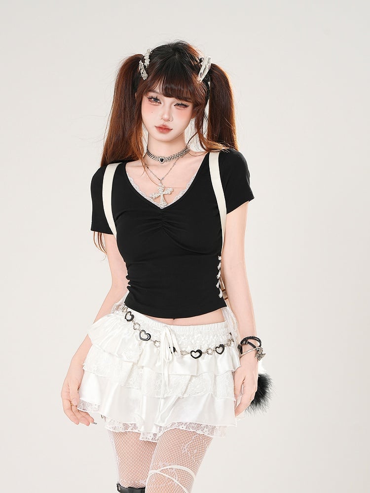 White/Black Trim Elastic Waist Butterfly Appliques Lace