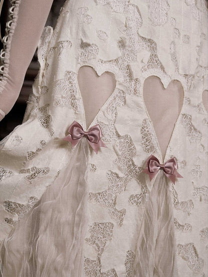 Cream Dress Goth Bows Slip Cutout Romantic Pink Heart Summer Light
