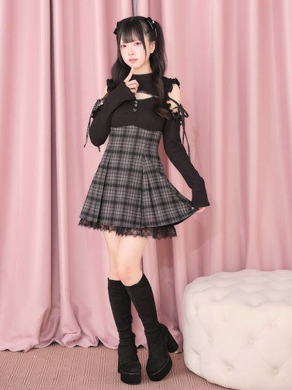 Black Cut-Out Shoulder Knit Plaid Dress with Lace Trim - No Genki