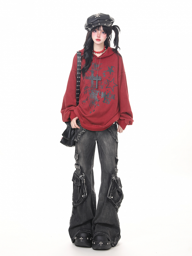 Zip Cuffs and Faded Low Waist Jeans Black/Blue with Punk Flare Cargo Wash