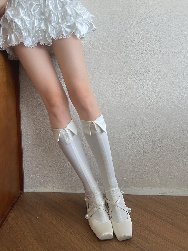 Turn-Down White/Black/Gray Design Calf Button Socks Collar