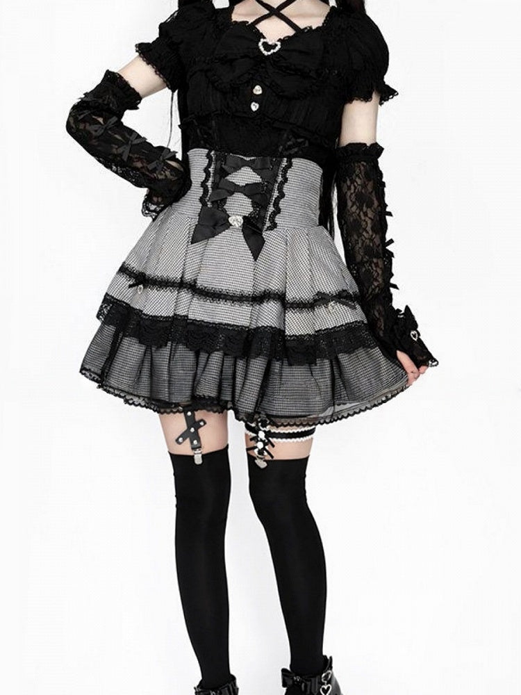 Double-Layer Black Kei Jirai Bow Houndstooth Decoration White Rhinestone Lace with Skirt Detail High-Waisted Tulle