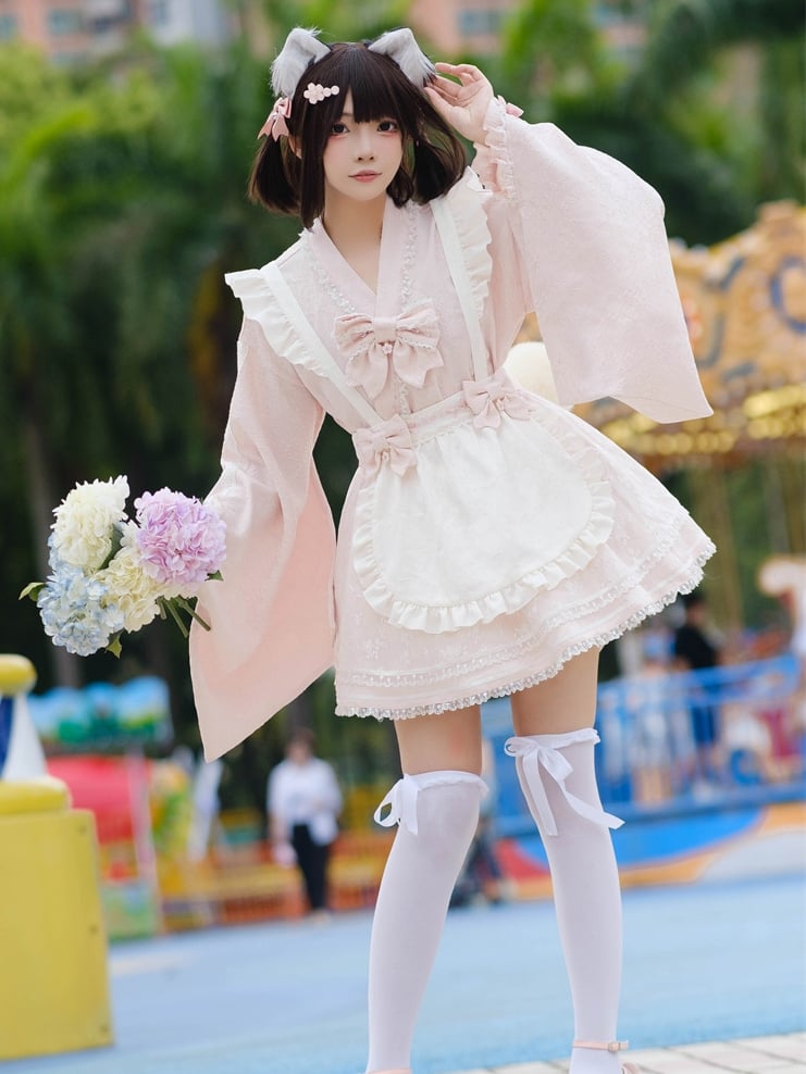 Wa Kei Pink Set-Bell Full Style Jirai Ärmel Blütenschürze Kleid + Flatteroutfit Festival Cherry