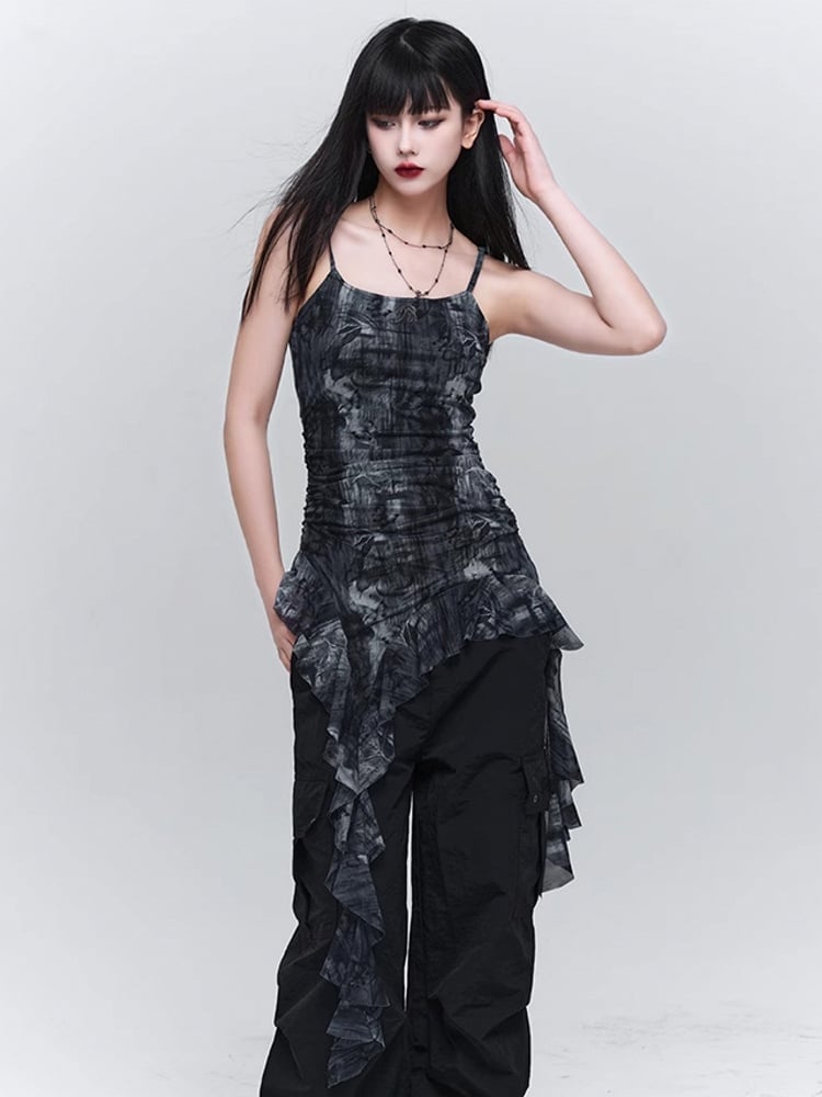 Glamorous Waist Asymmetrical Cami Ruched Gray Flounce Hem Top with Black