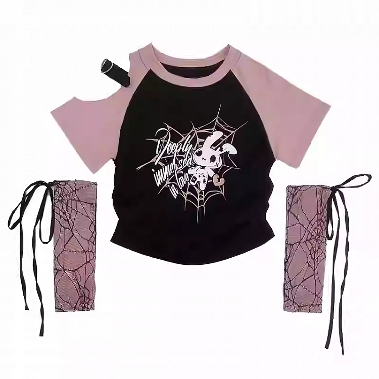 Kostenloses Rot/Pink/Lila mit T-Shirt-Print-Ärmeln Y2K Cutout-Schulter-Spinnennetz
