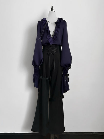 Lilac Lace-Up Ruffle Shirt with Black Flower Chains - Shi Zhi Mao