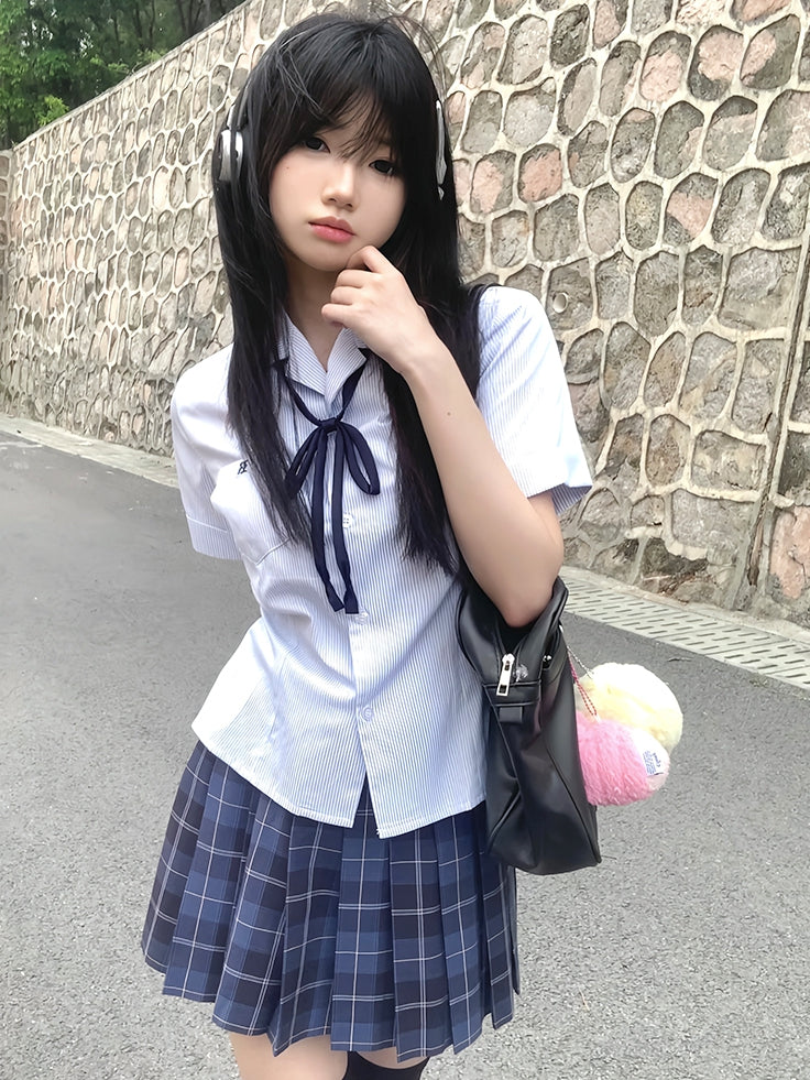 Short Sleeves Preppy Style Uniform Shirt Blue/Gray/Green Striped JK Pattern