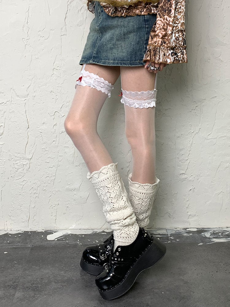 Y2K White Openwork Knitted Leg Warmers