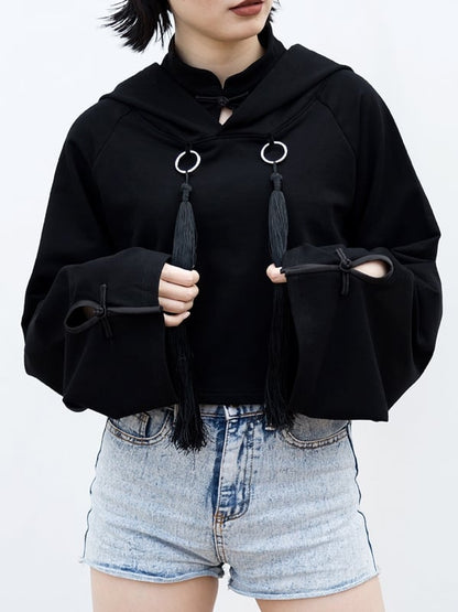 Front Baggy Long Cheongsam Hoodie Detail Crop Style and Sleeves Goth with Fringe Black