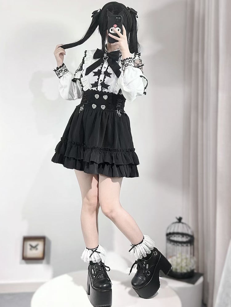 Skirt Decorated Jirai Heart Rhinestone Tiered Lace-up Kei Details Black