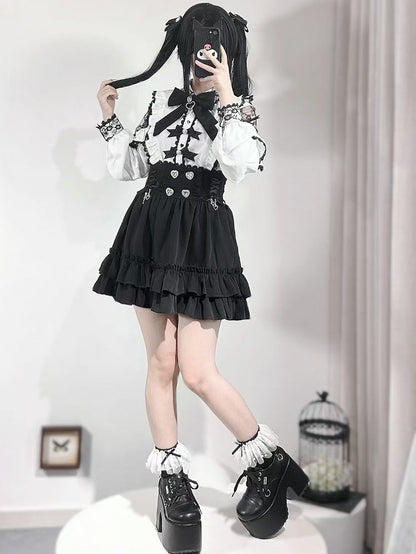 Skirt Decorated Jirai Heart Rhinestone Tiered Lace-up Kei Details Black