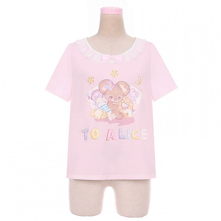 ショートバージョン 愛らしいマウスプリント ホワイト/ピンク レーストリム Tシャツ