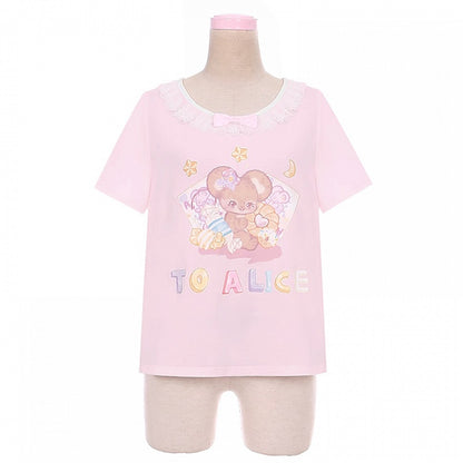 ショートバージョン 愛らしいマウスプリント ホワイト/ピンク レーストリム Tシャツ