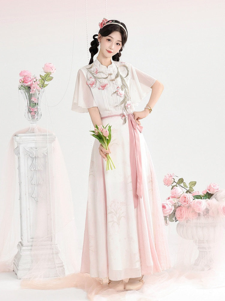 Light Pink Hanfu-Inspired Floral Print Skirt with Self-Tie Waist Design - Unknown Star