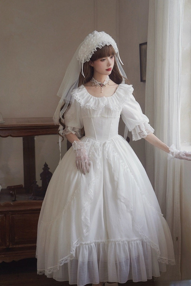 Baskenkleid mit Stäbchen, elastisch, weiß, klassische Taille, ganzer Lolita-Ausschnitt