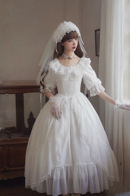 Baskenkleid mit Stäbchen, elastisch, weiß, klassische Taille, ganzer Lolita-Ausschnitt