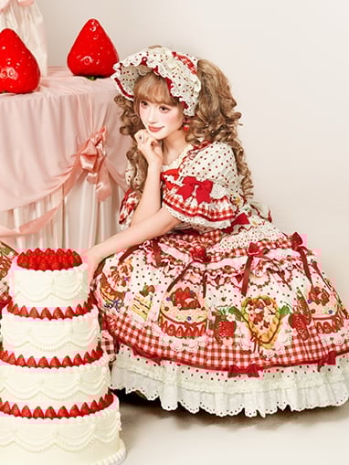 Puff Ruffle Sweet Dress Strawberry Lolita White Sleeves with Hem Red Cake Print