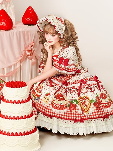 Puff Ruffle Sweet Dress Strawberry Lolita White Sleeves with Hem Red Cake Print