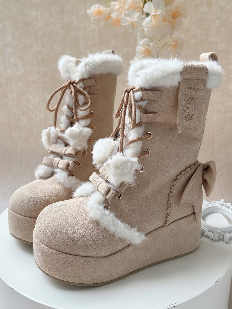 Fleece Lining Lolita Platform Sweet Brown Boots with 4cm Cozy