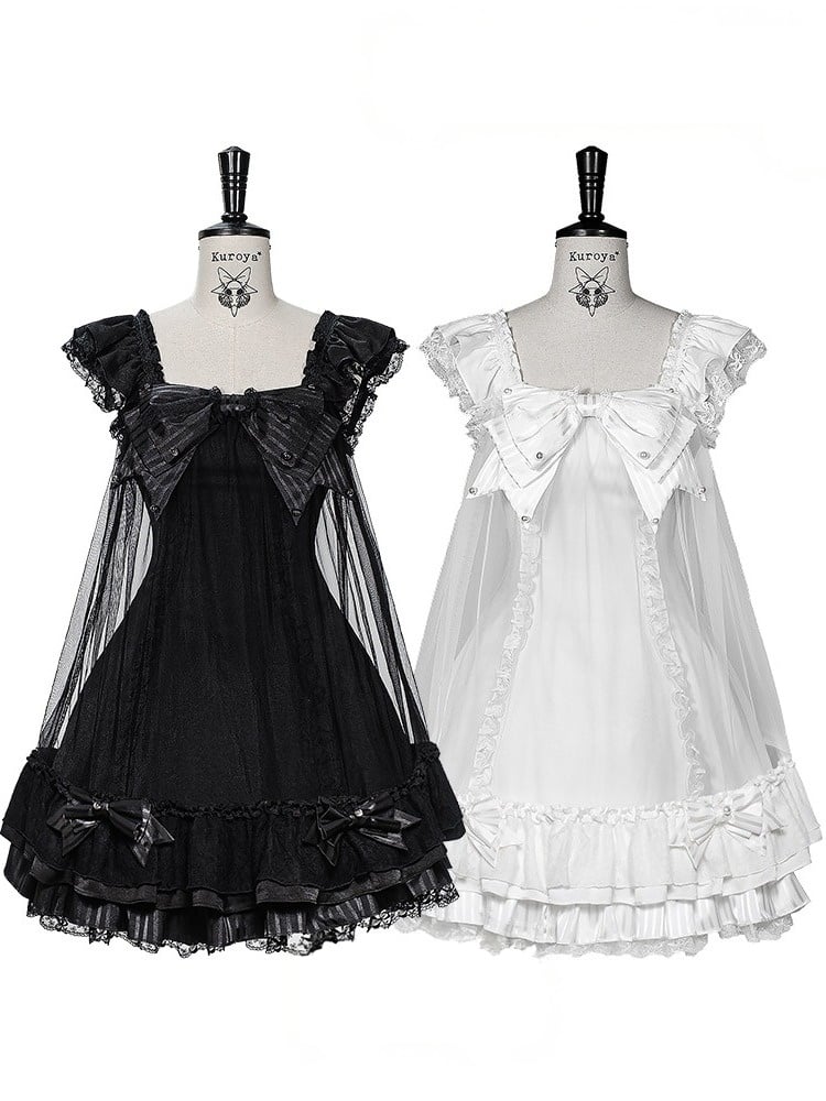 Black Lace Flutter Sleeve JSK with Pearl Bowknot - Kuroya