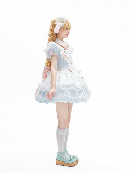 Apron Puppy Lolita Cake Cute Blue Dress Skirt OP Brooch with Decor Bubble and Stripe