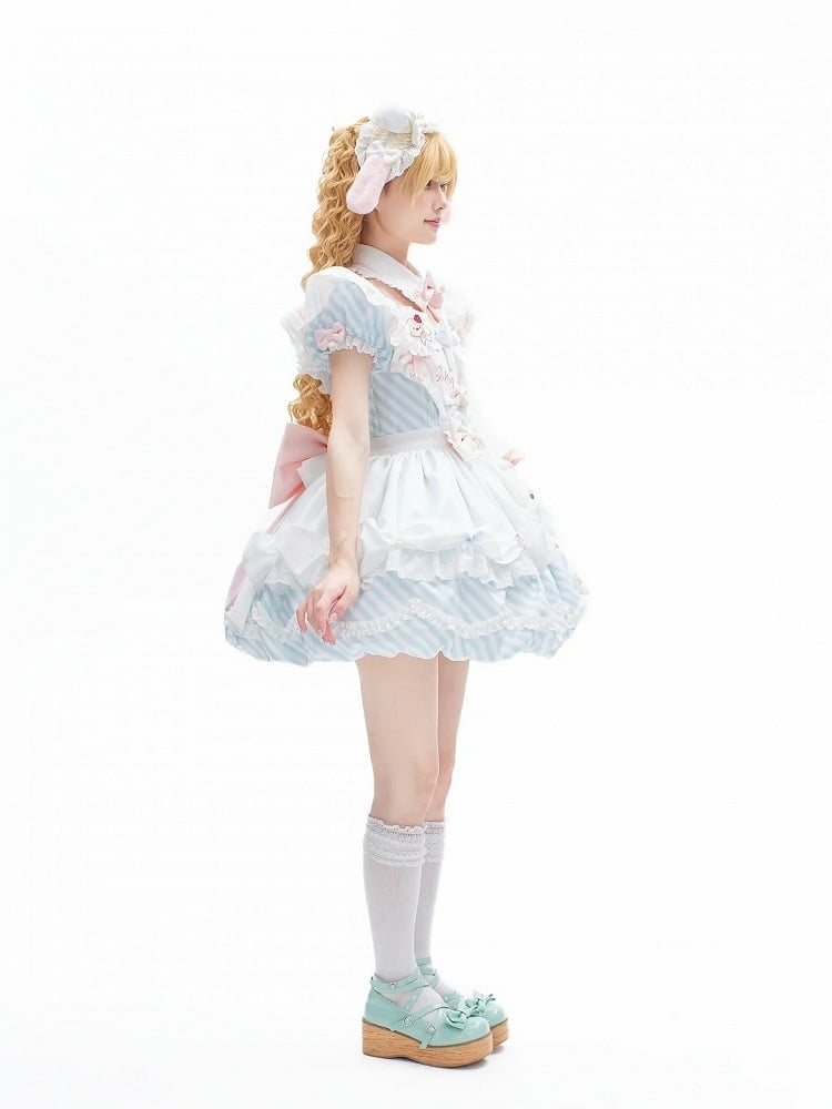 OP Stripe Full Train Bow Lolita Dress Brooch + Detachable Apron Bubble Decor Cake Puppy Skirt Blue Cute Set Sleeves with Hairband