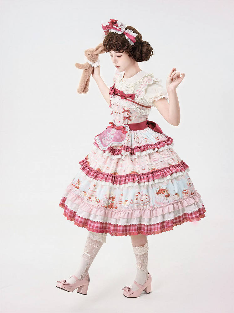 Pink Cherry Cake Print Sweet Lolita Dress with Layered Ruffles - Strawberry Fantasy