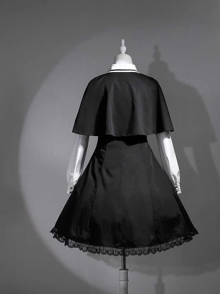 Black & Gold Cross Print Cape Design Gothic Dress Nun Lolita OP