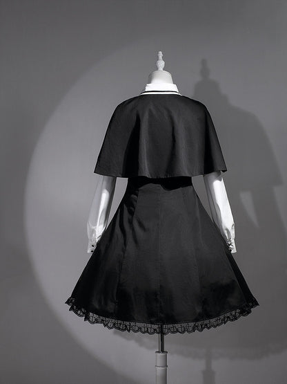 Black & Gold Cross Print Cape Design Gothic Dress Nun Lolita OP