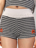 Black Shorts Ruffled Waist Embroidery Striped Red Star White with
