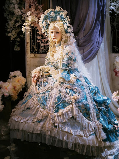 with Sleeves Sweetheart and Ruffle Layers Bell Applique Gorgeous Blue Gown Hime Lolita Beaded Lace
