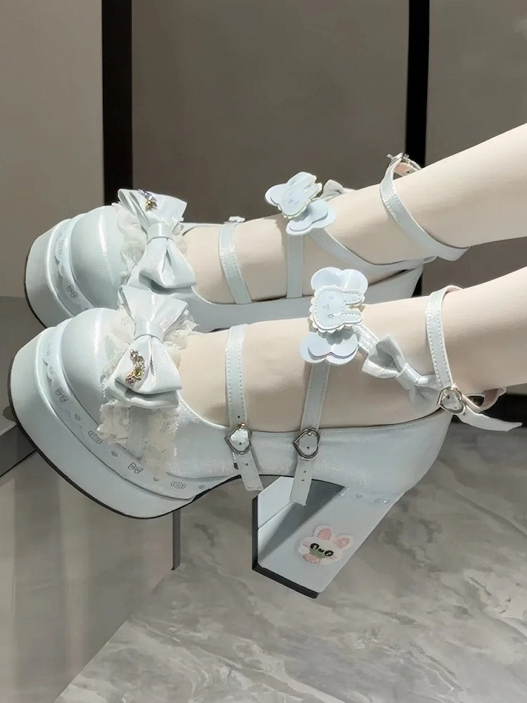 Block in Decor Platform with Sweet Satin Heels Bow Blue High