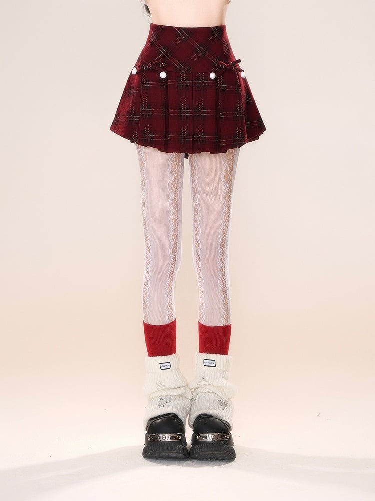 Black Red Plaid Pattern Detachable Bowknot Christmas Skirt