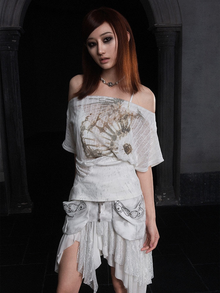Off-Shoulder Top Punk White Semi-Sheer with Prints