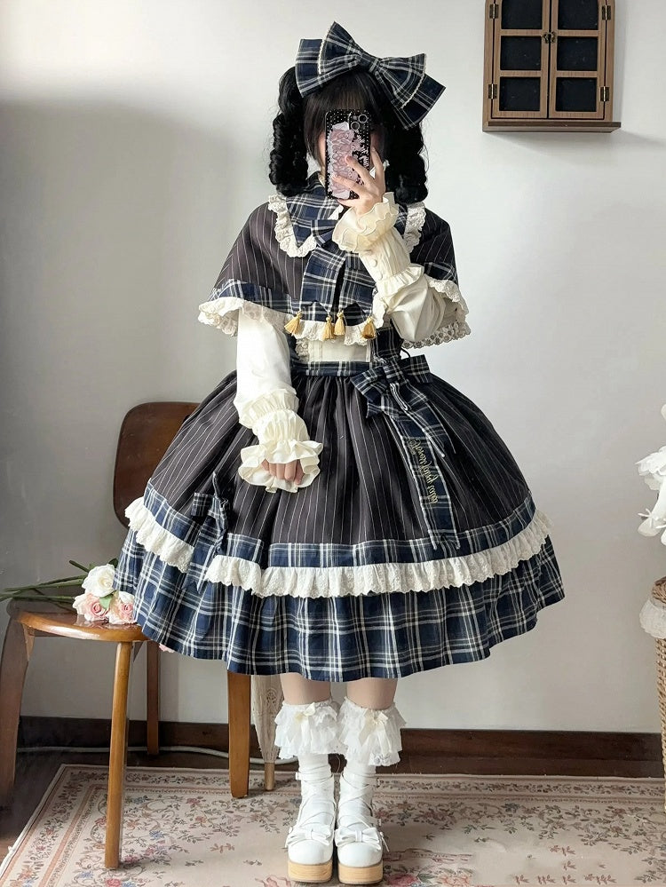 Blue Plaid and Black Striped Pattern Lolita JSK + Cape
