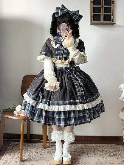 Blue Plaid and Black Striped Pattern Lolita JSK + Cape