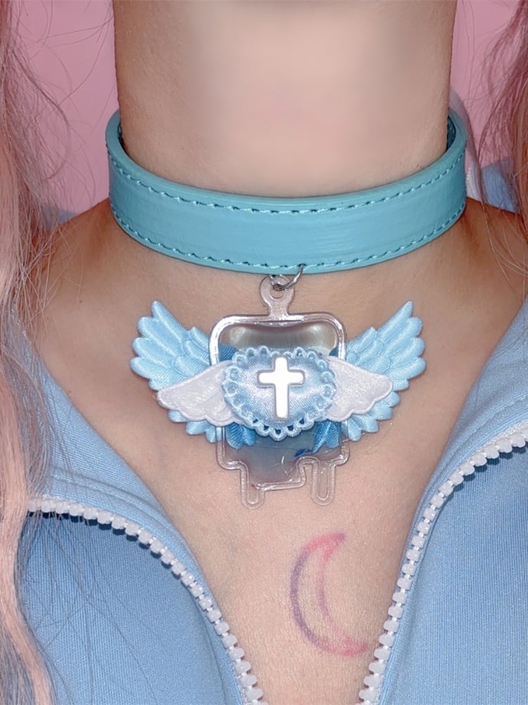 Blau/Rosa Jirai Kei Engelsflügel mit Kreuz-Halsband