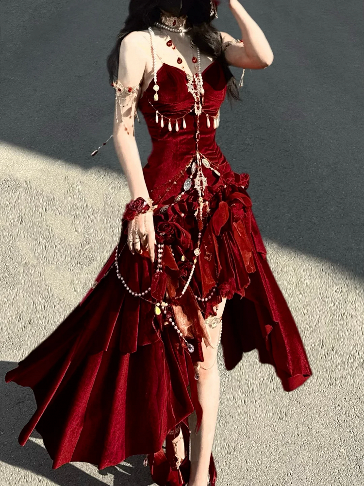 Red Velvet Mermaid Skirt Backless Siren Dress Evening Gown