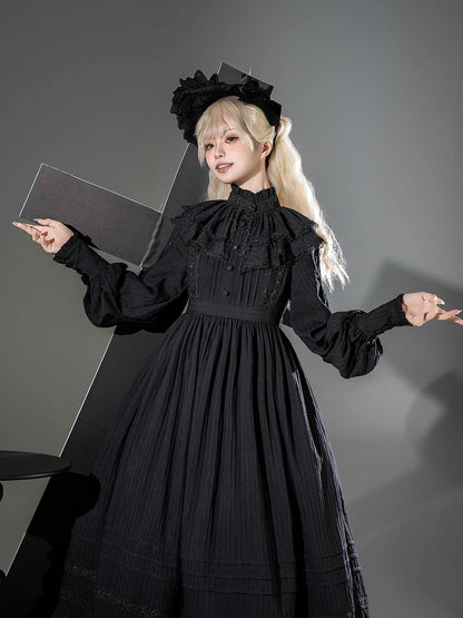 Lolita High Collar Sleeves Gothic Black Dress + Waist Long Kuro